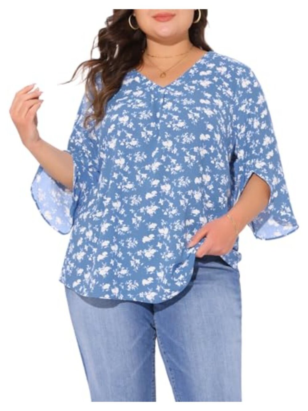 Plus Size Chiffon Blouse 3/4 Sleeve V-Neck Floral Casual Top